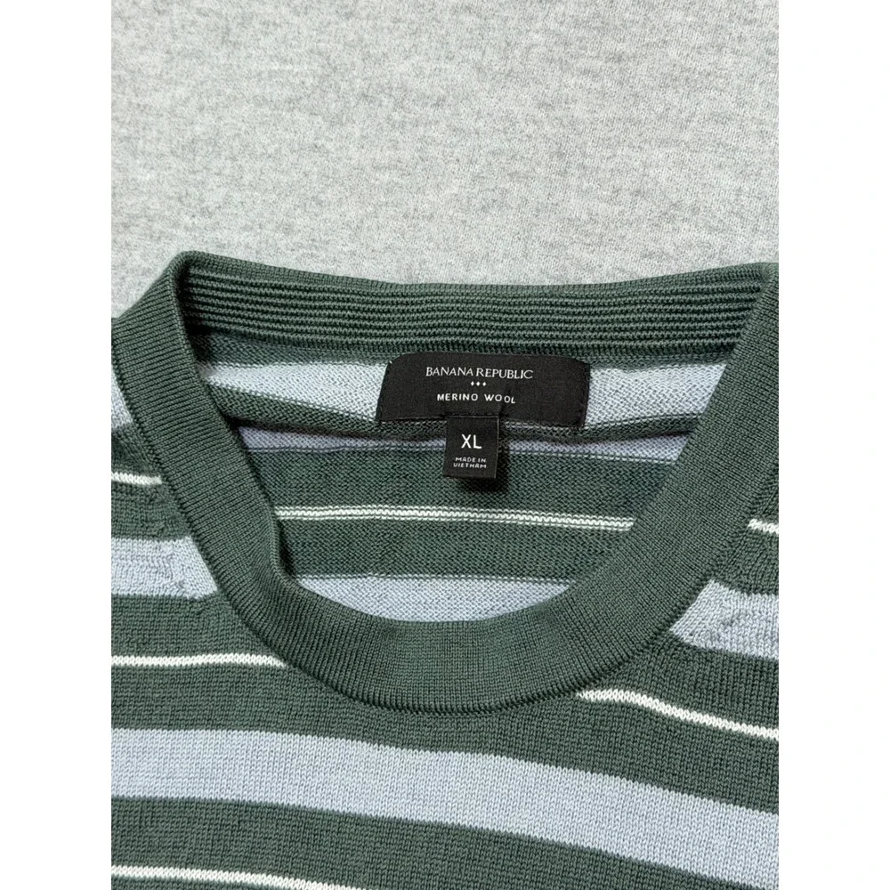 Banana Republic Mens XL Merino Wool Striped Crew Neck Sweater Green Gray 486773